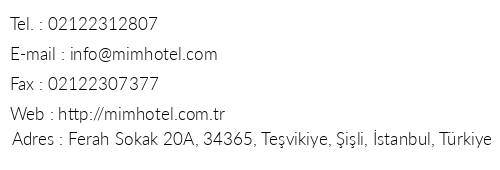 Mim Hotel Istanbul telefon numaralar, faks, e-mail, posta adresi ve iletiim bilgileri